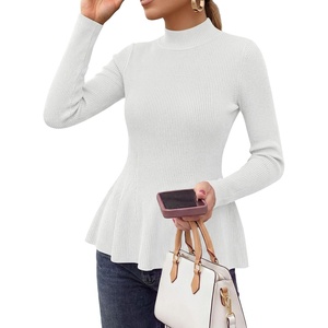 PRETTYGARDEN Womens Fall Mock Neck Long Sleeve Tops Bodycon Peplum Sweaters(White)