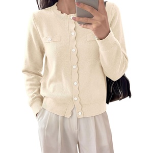 PRETTYGARDEN Womens Lightweight Cardigan Sweaters Scalloped Trim Fall Tops(Apricot)