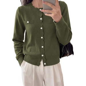 PRETTYGARDEN Womens Lightweight Cardigan Sweaters Scalloped Trim Fall Tops(Army Green)