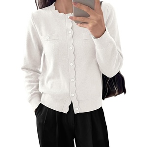 PRETTYGARDEN Womens Lightweight Cardigan Sweaters Scalloped Trim Fall Tops(Beige White)