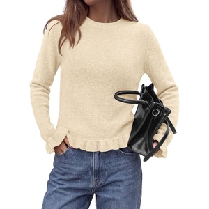 PRETTYGARDEN Women’s Ruffle Sweaters Fall Fashion Cozy Knit Pullover(Beige)