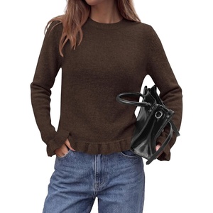 PRETTYGARDEN Women’s Ruffle Sweaters Fall Fashion Cozy Knit Pullover(Brown)