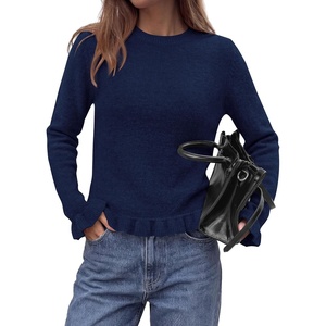 PRETTYGARDEN Women’s Ruffle Sweaters Fall Fashion Cozy Knit Pullover(Navy Blue)