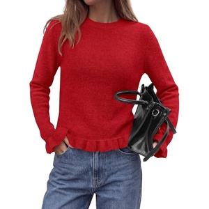 PRETTYGARDEN Women’s Ruffle Sweaters Fall Fashion Cozy Knit Pullover(Red)