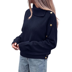 PRETTYGARDEN Womens Turtleneck Sweater Pullover Side Button Fall Clothes(Navy)