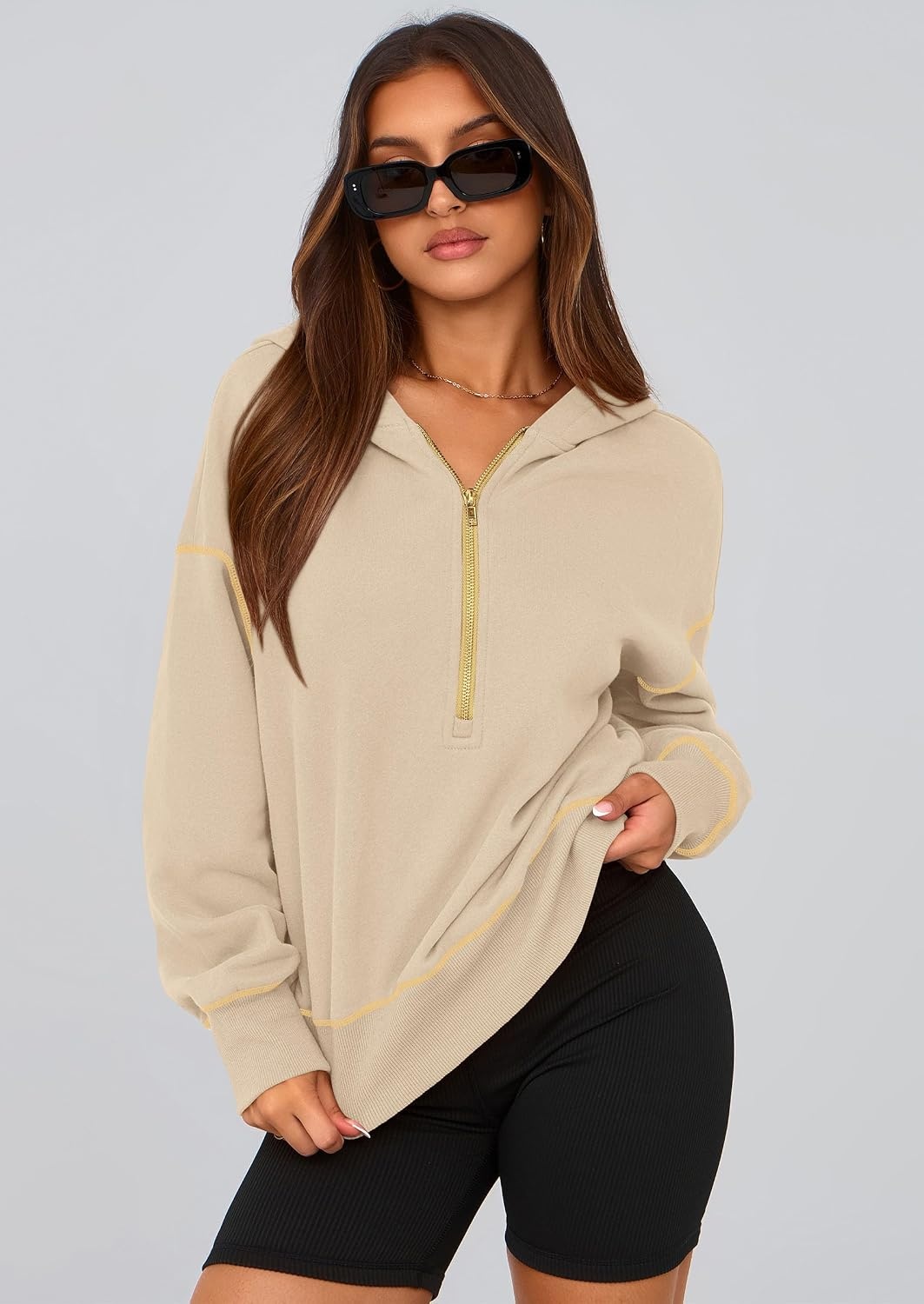 image:imagePRETTYGARDEN Womens Fall Half Zip Cropped Hoodie SweatshirtBeige