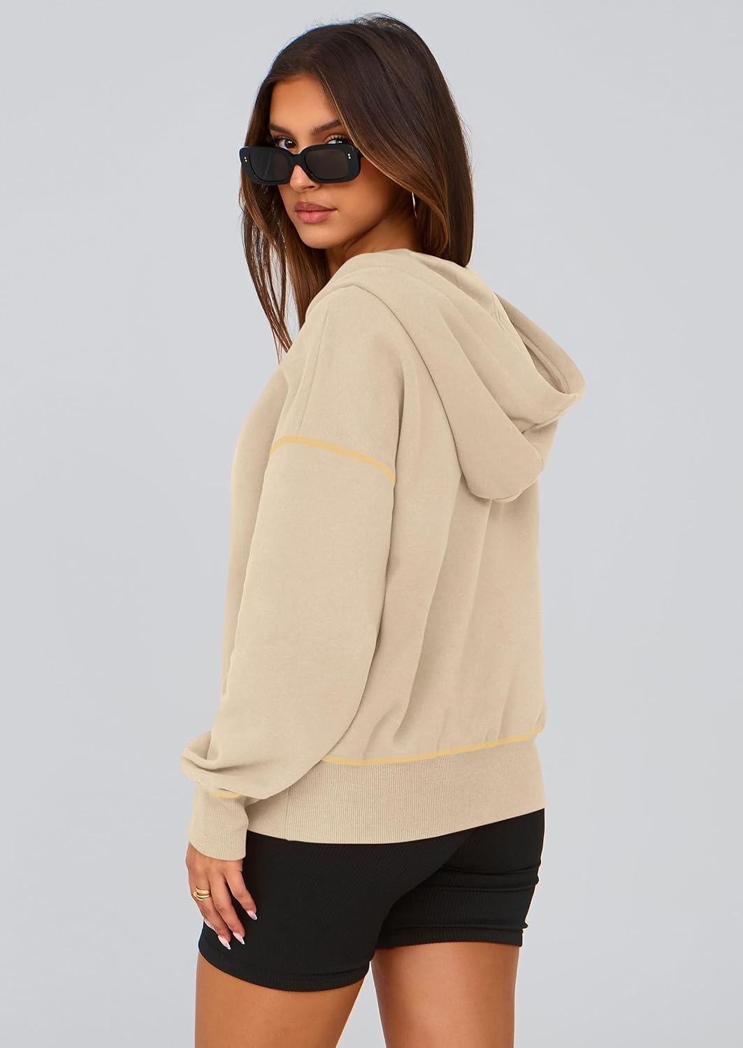 image:imagePRETTYGARDEN Womens Fall Half Zip Cropped Hoodie SweatshirtBeige