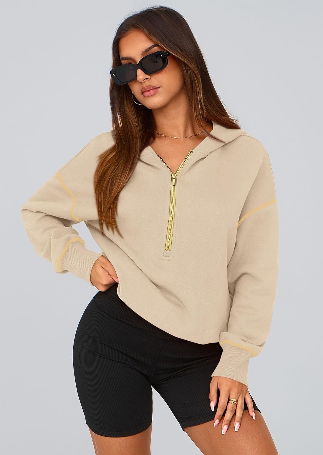 image:imagePRETTYGARDEN Womens Fall Half Zip Cropped Hoodie SweatshirtBeige