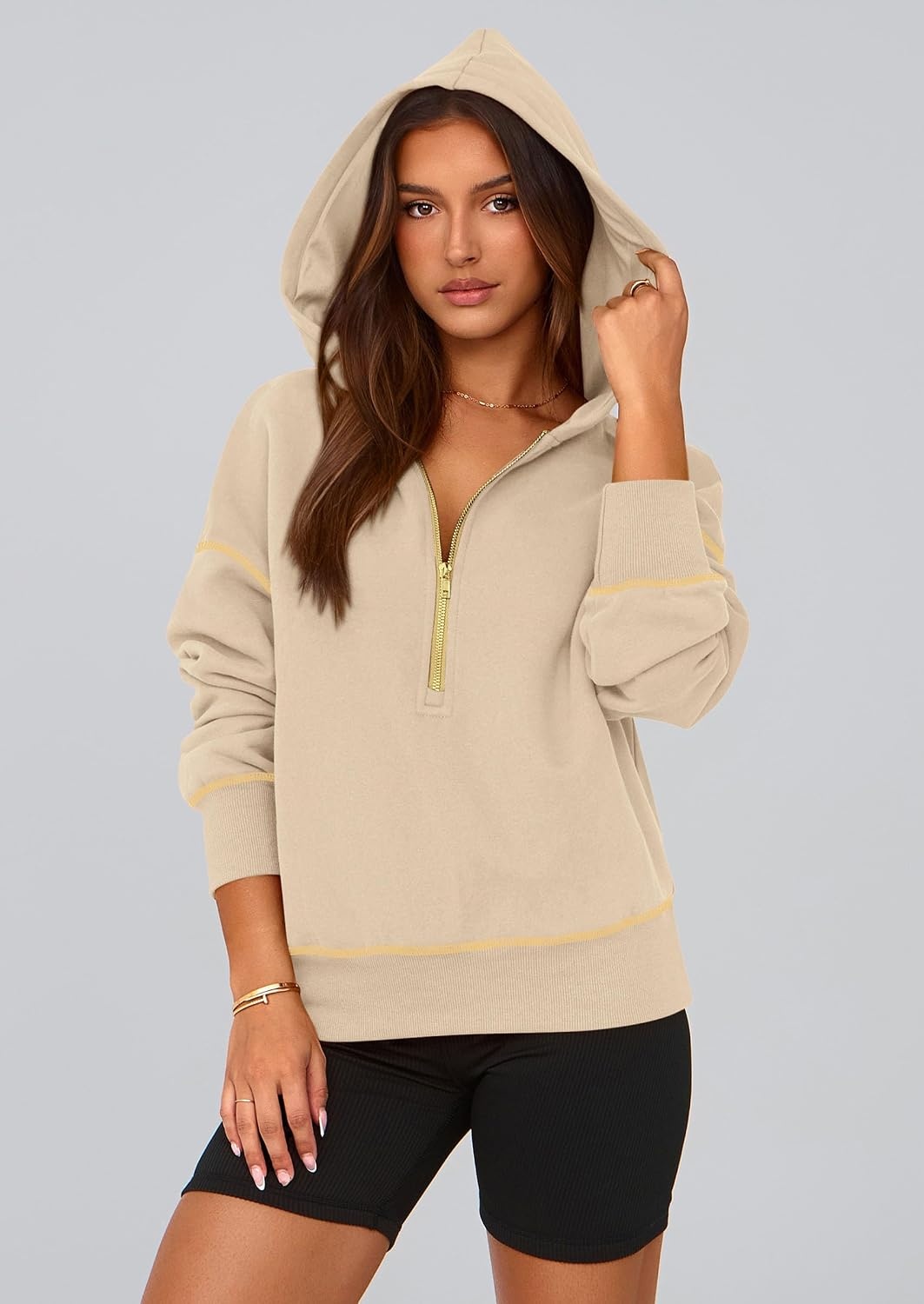 image:imagePRETTYGARDEN Womens Fall Half Zip Cropped Hoodie SweatshirtBeige