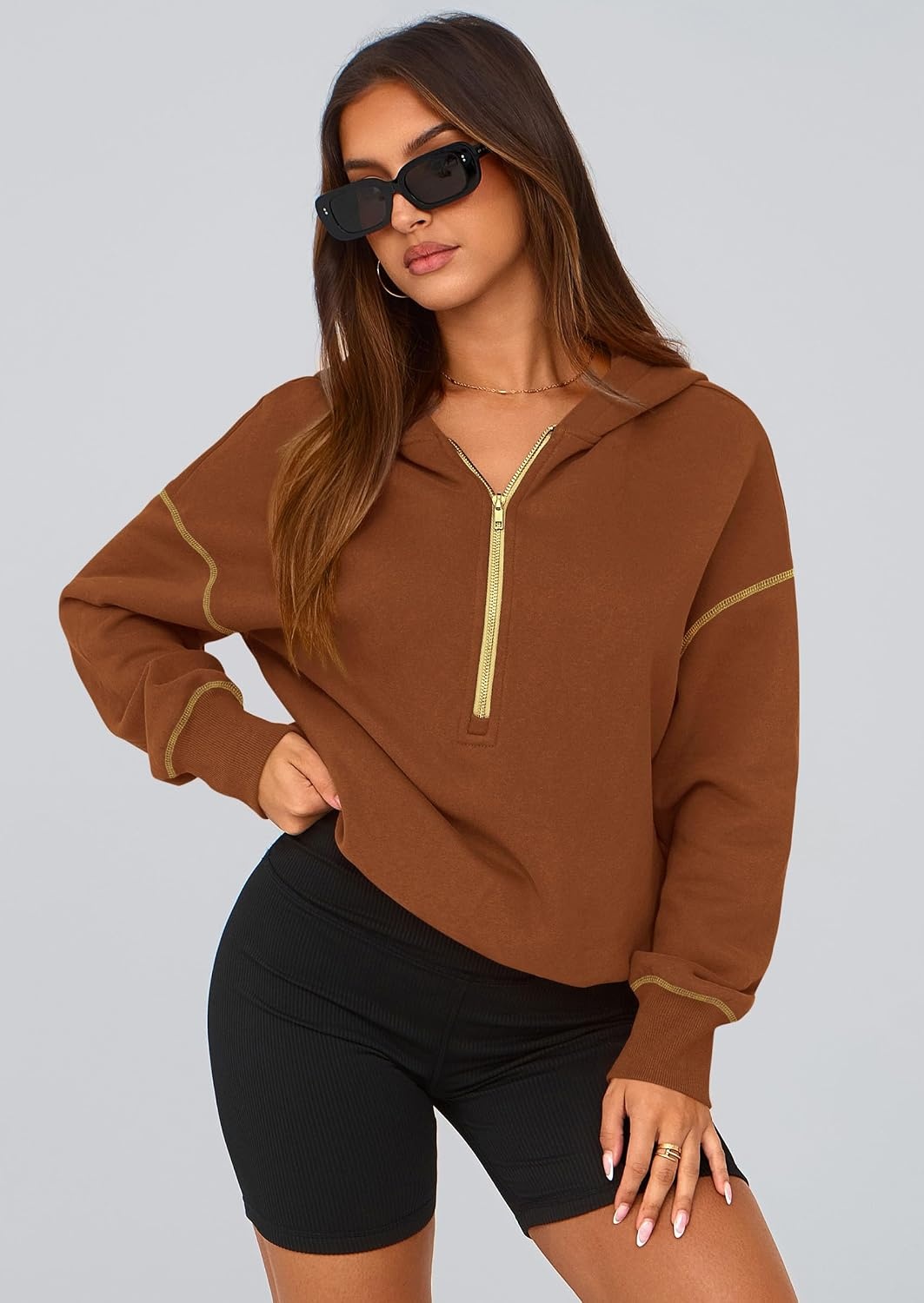 image:imagePRETTYGARDEN Womens Fall Half Zip Cropped Hoodie SweatshirtCaramel