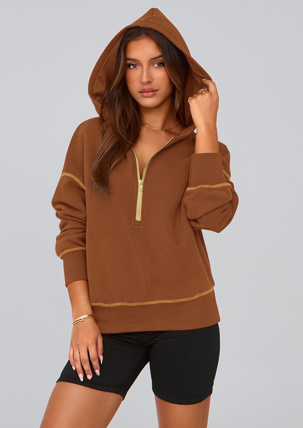 image:imagePRETTYGARDEN Womens Fall Half Zip Cropped Hoodie SweatshirtCaramel