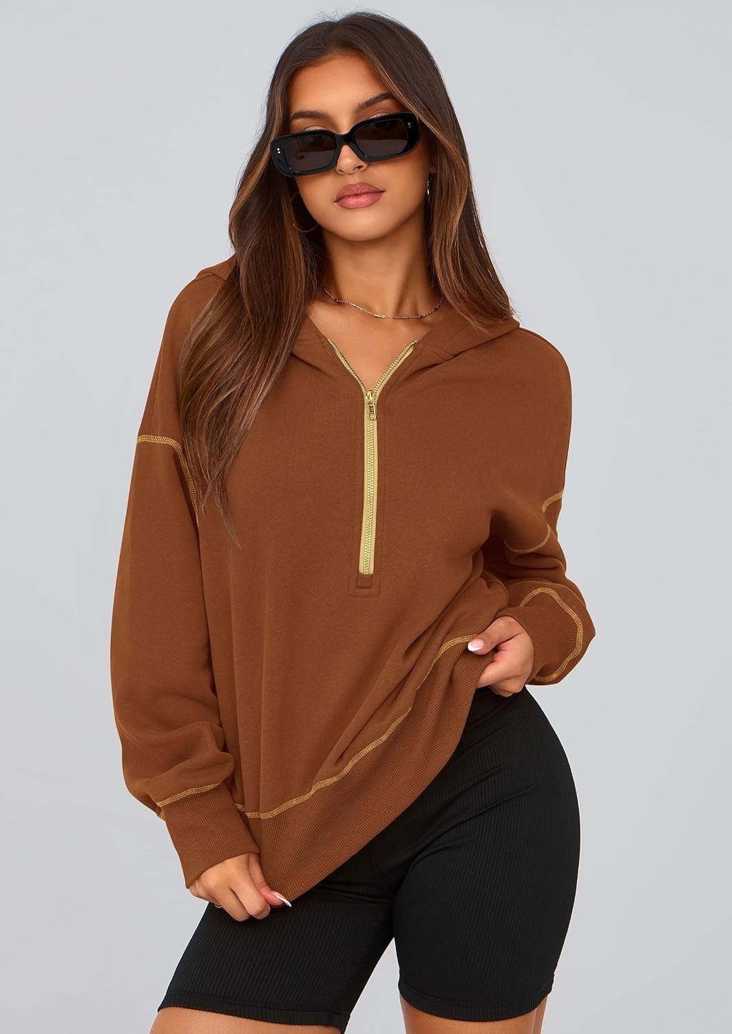 image:imagePRETTYGARDEN Womens Fall Half Zip Cropped Hoodie SweatshirtCaramel