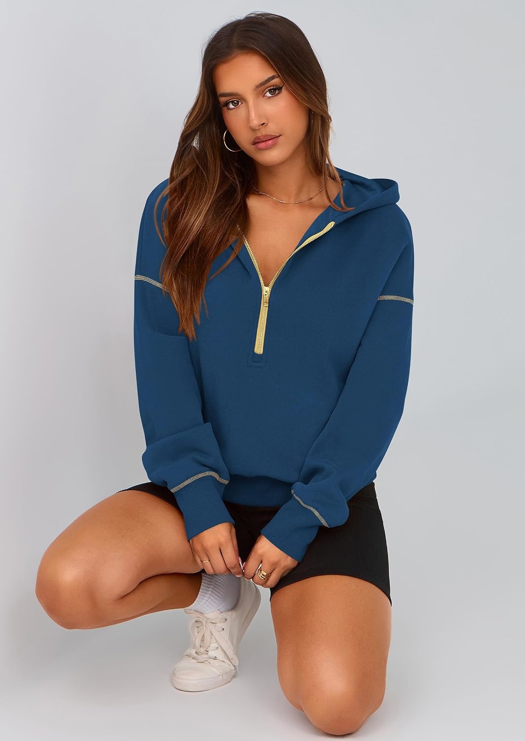 image:imagePRETTYGARDEN Womens Fall Half Zip Cropped Hoodie SweatshirtDark Blue
