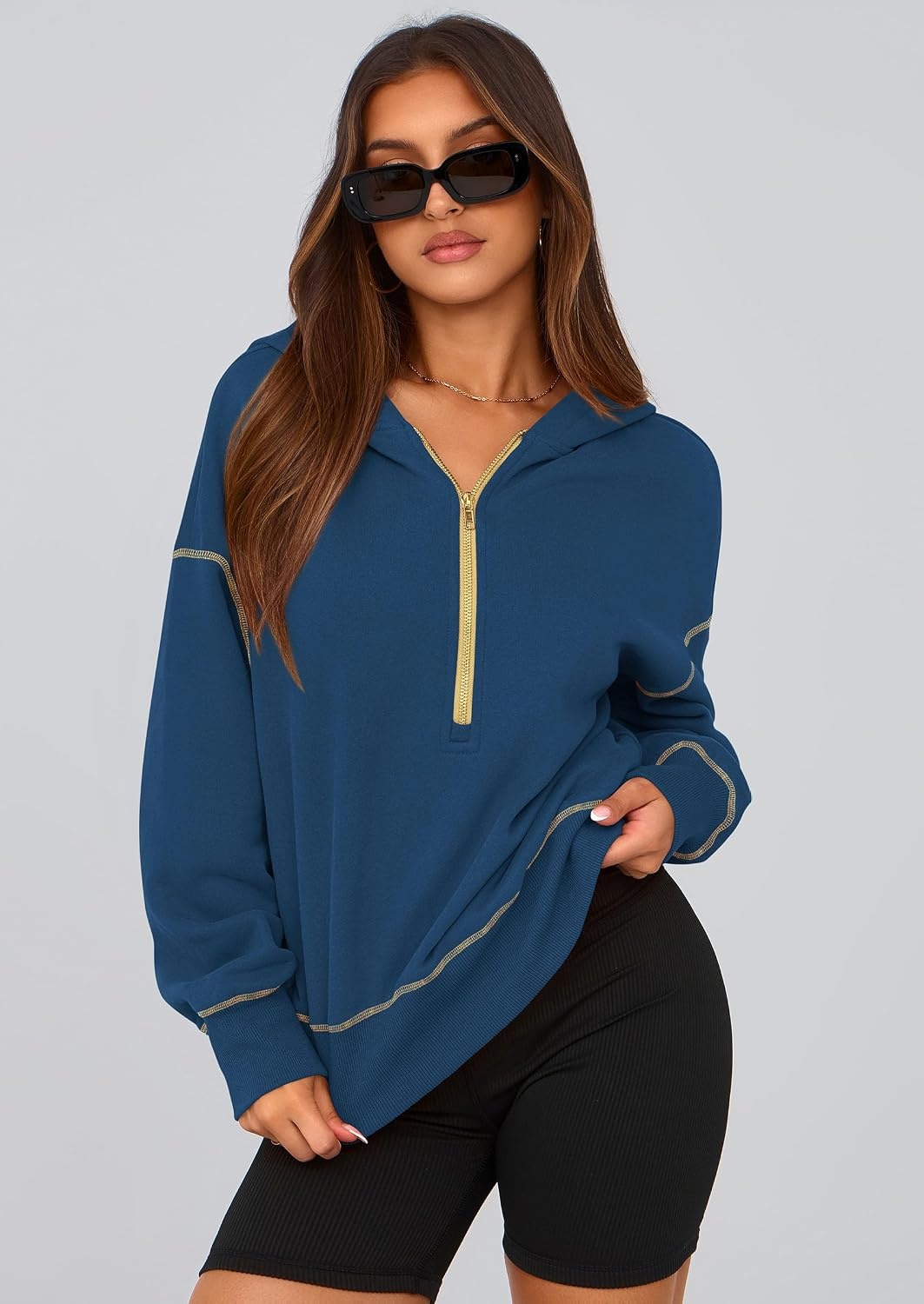 image:imagePRETTYGARDEN Womens Fall Half Zip Cropped Hoodie SweatshirtDark Blue