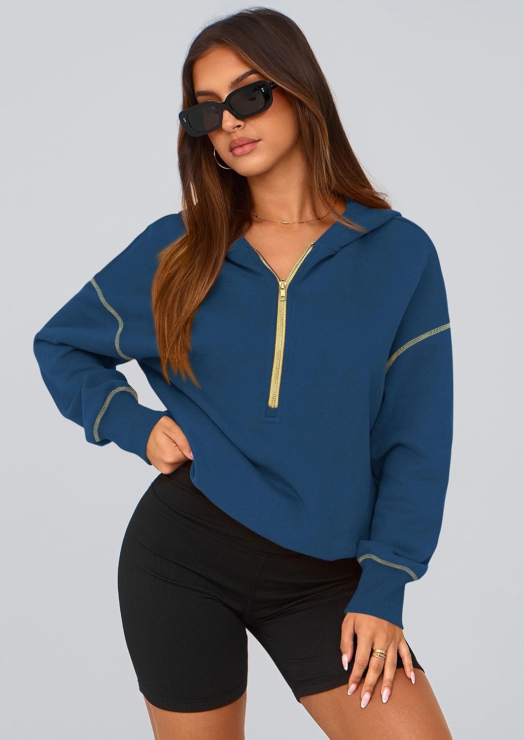 image:imagePRETTYGARDEN Womens Fall Half Zip Cropped Hoodie SweatshirtDark Blue