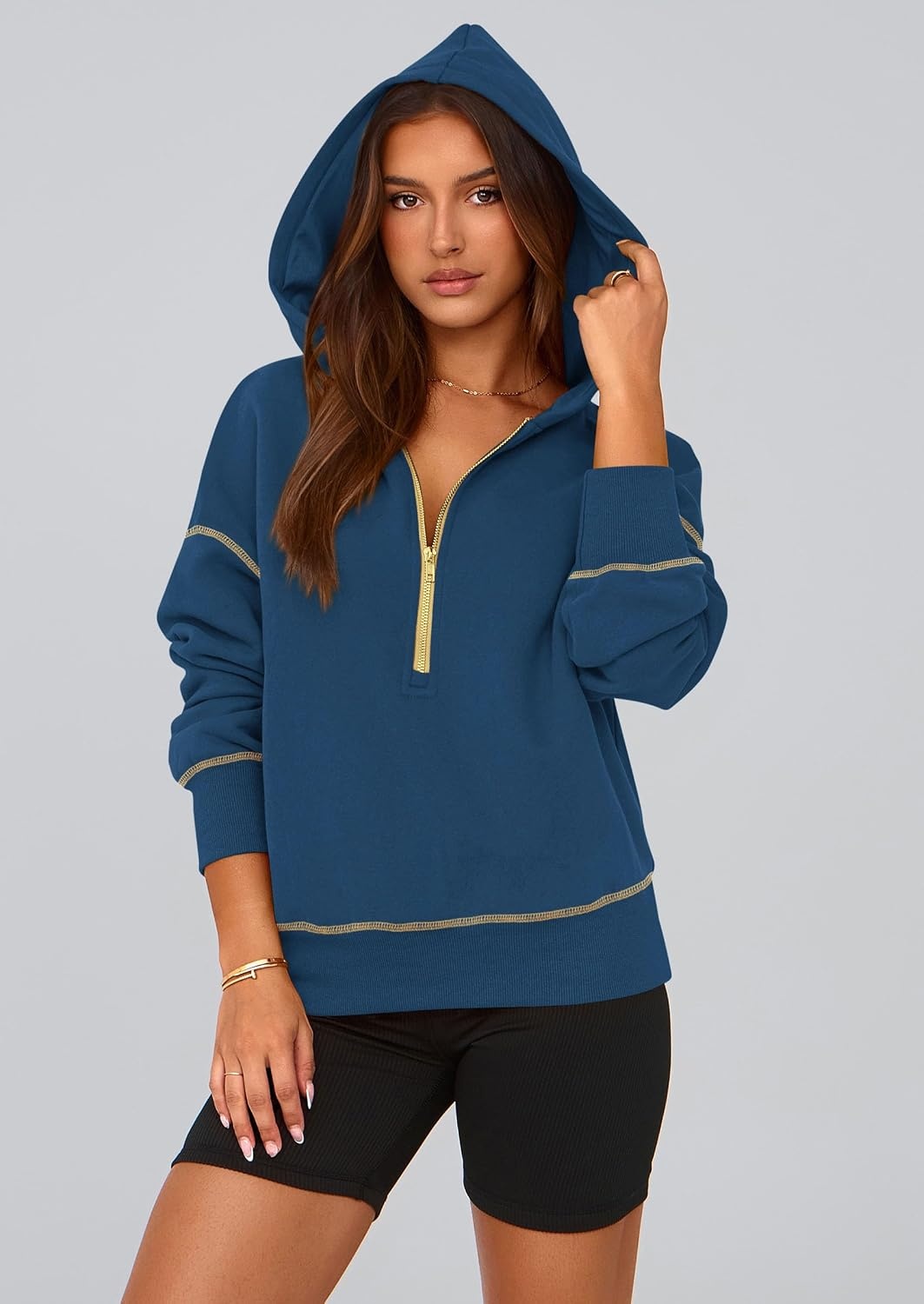 image:imagePRETTYGARDEN Womens Fall Half Zip Cropped Hoodie SweatshirtDark Blue