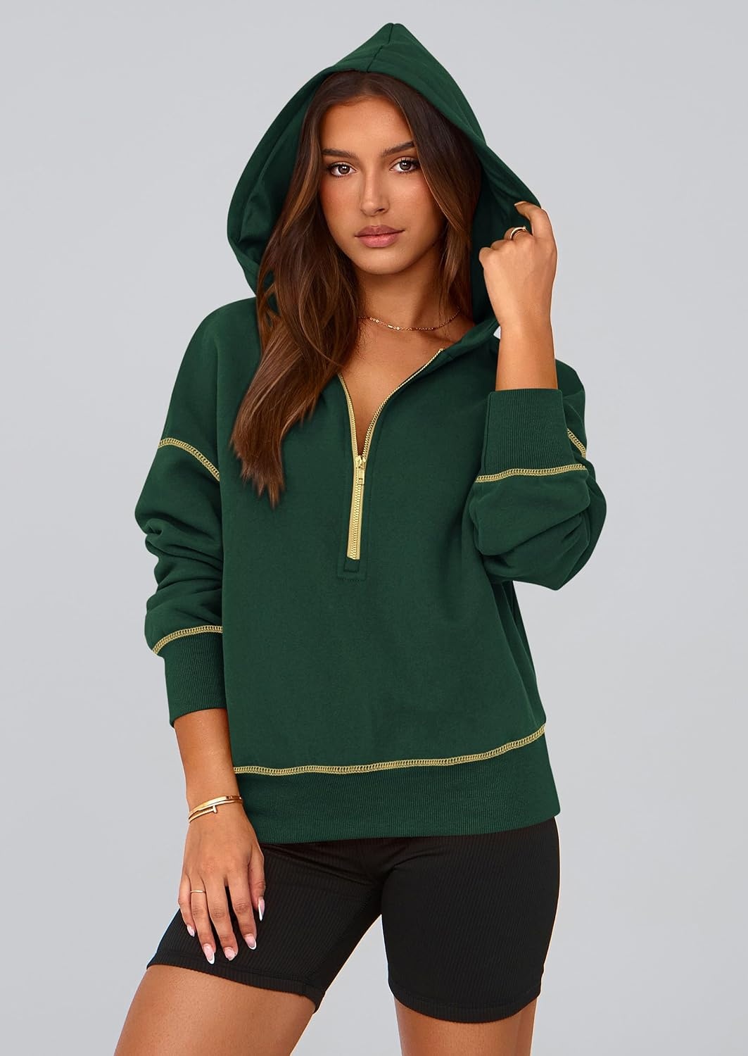 image:imagePRETTYGARDEN Womens Fall Half Zip Cropped Hoodie SweatshirtDark Green