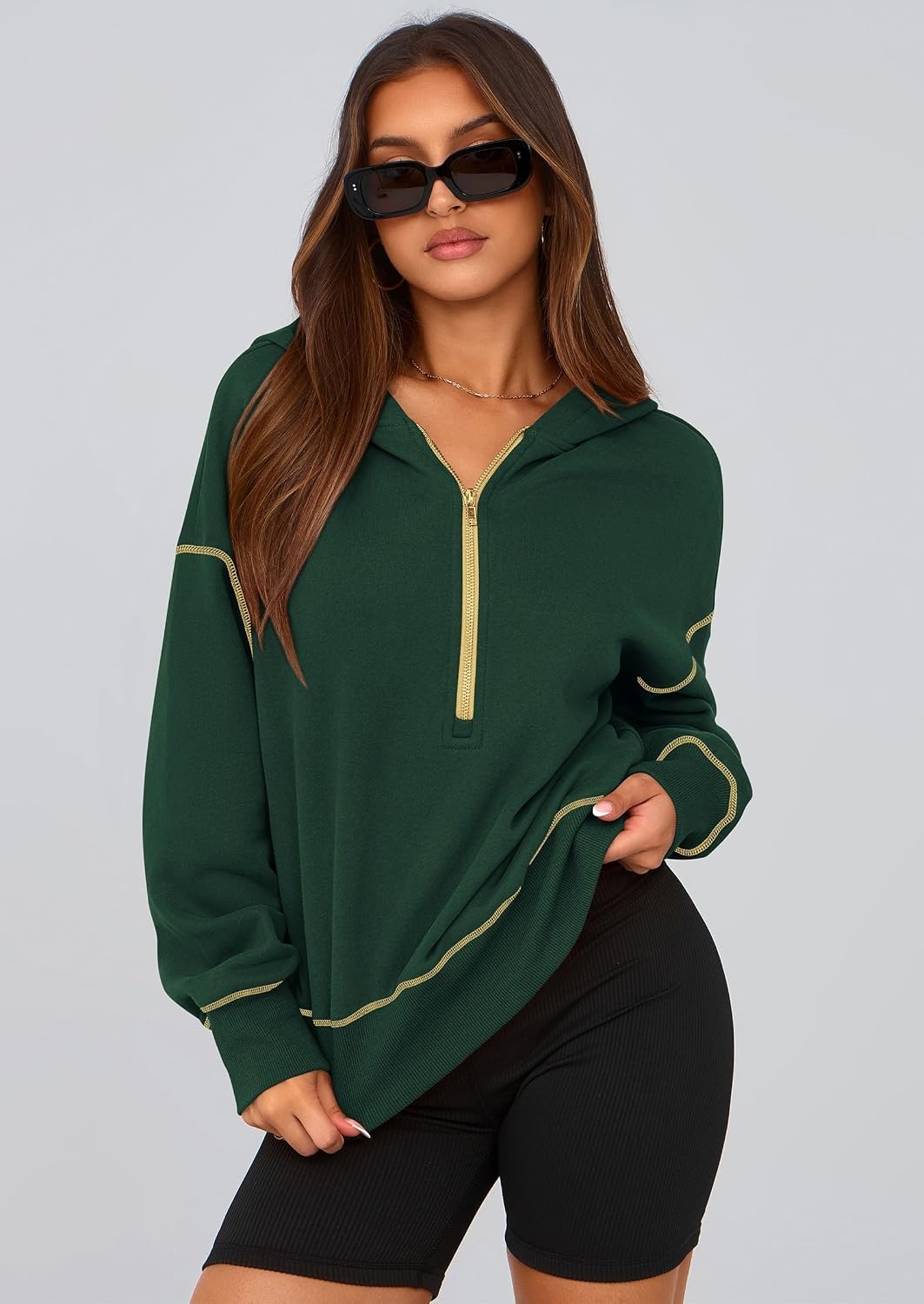 image:imagePRETTYGARDEN Womens Fall Half Zip Cropped Hoodie SweatshirtDark Green