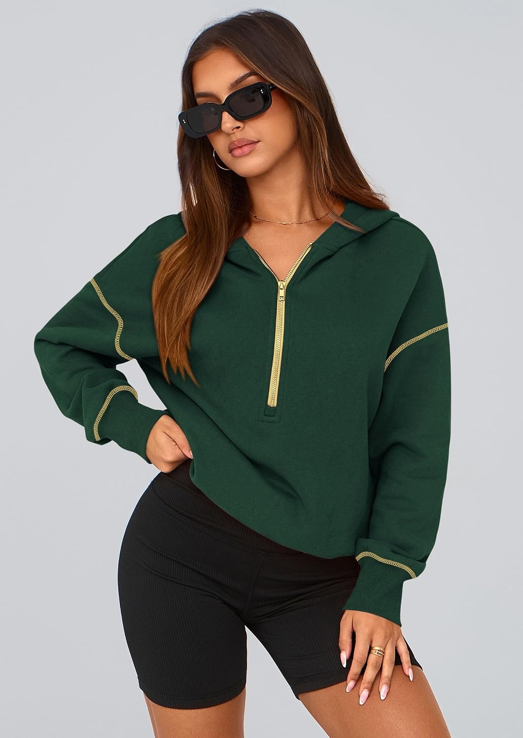 image:imagePRETTYGARDEN Womens Fall Half Zip Cropped Hoodie SweatshirtDark Green