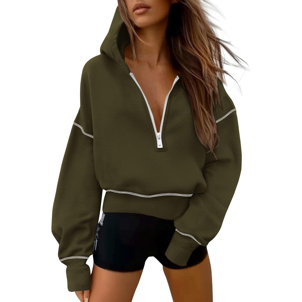 image:imagePRETTYGARDEN Womens Fall Half Zip Cropped Hoodie SweatshirtArmy Green