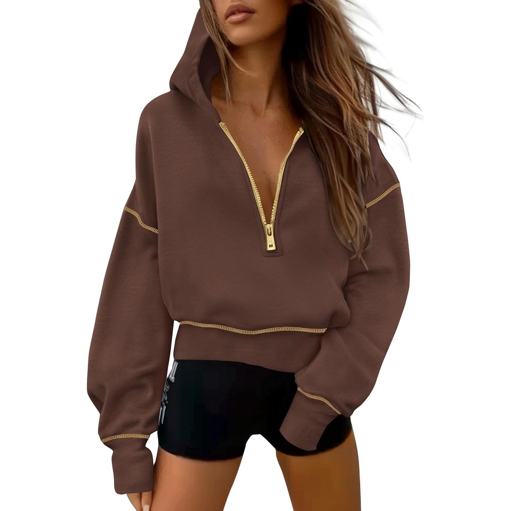 image:imagePRETTYGARDEN Womens Fall Half Zip Cropped Hoodie SweatshirtBrown Coffee