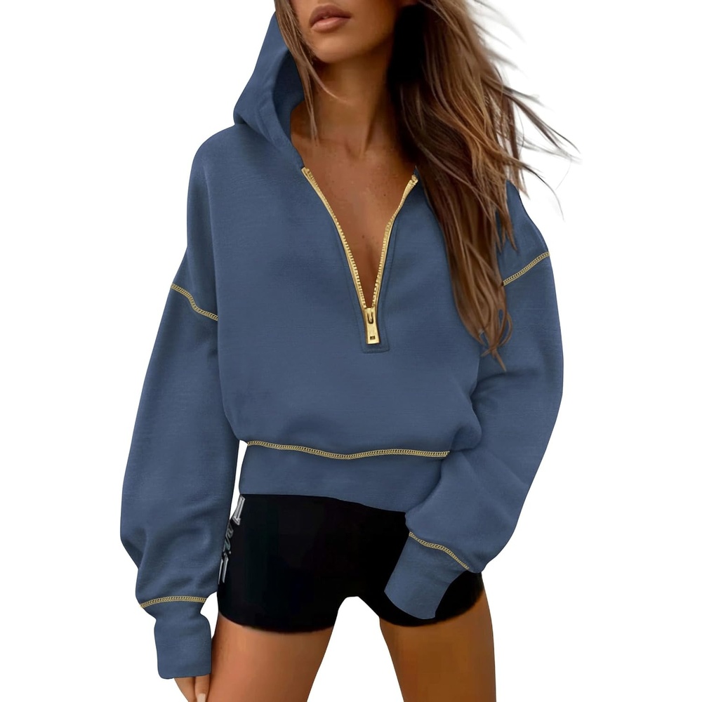 image:imagePRETTYGARDEN Womens Fall Half Zip Cropped Hoodie SweatshirtGrey Blue