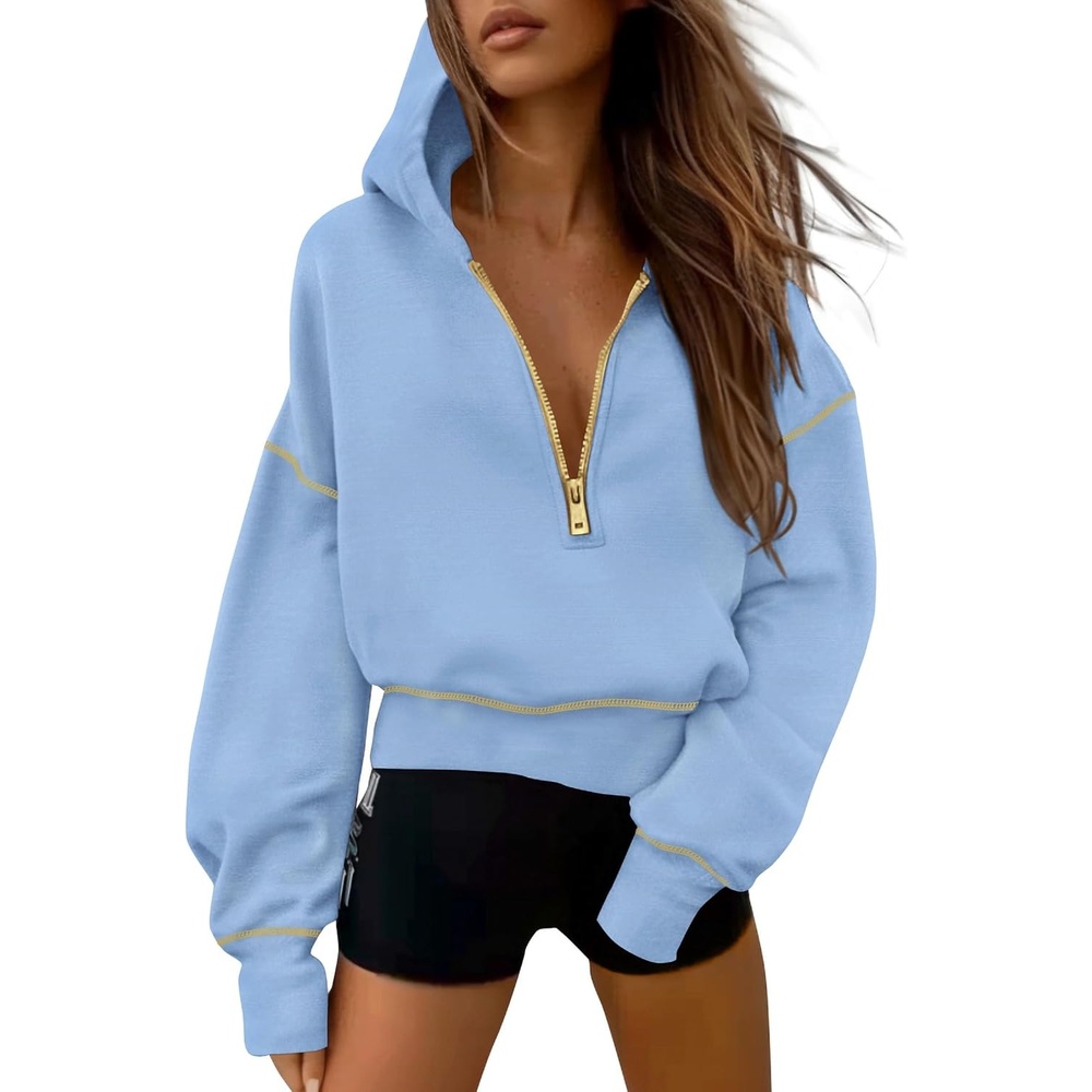 image:imagePRETTYGARDEN Womens Fall Half Zip Cropped Hoodie SweatshirtSky Blue