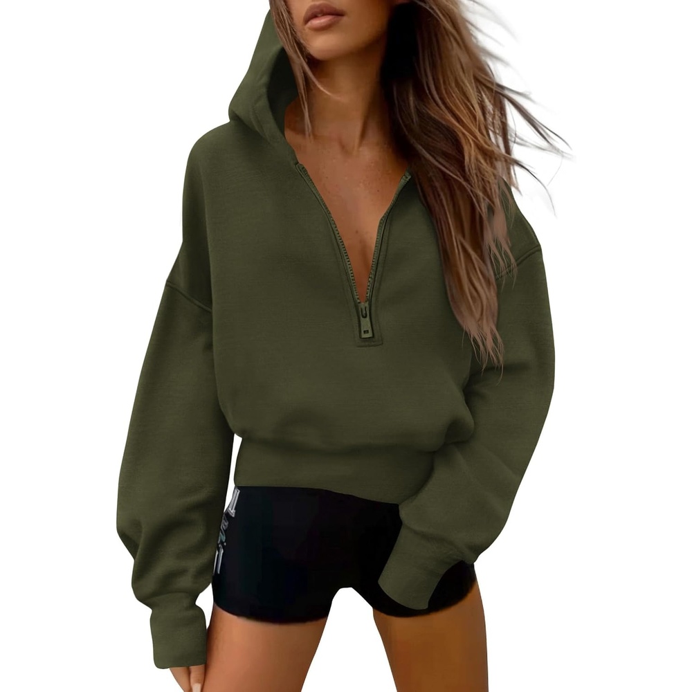 image:imagePRETTYGARDEN Womens Fall Half Zip Cropped Hoodie SweatshirtStyle 3army Green