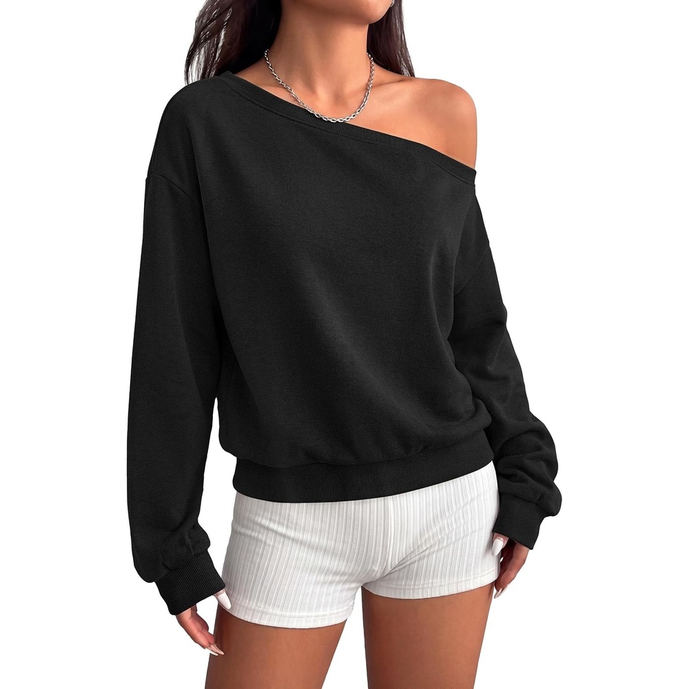 image:imagePRETTYGARDEN Womens Off The Shoulder Sweatshirt Fall Long Sleeve TopsBlack