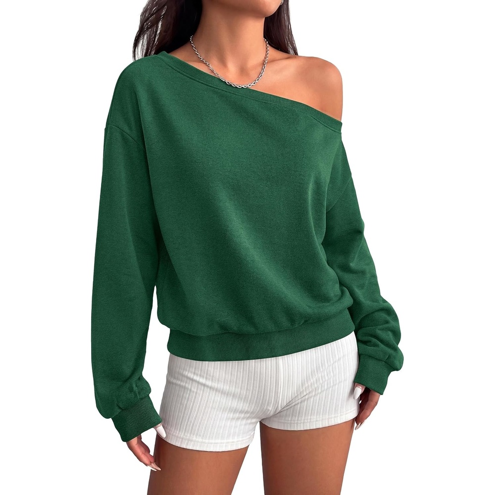 image:imagePRETTYGARDEN Womens Off The Shoulder Sweatshirt Fall Long Sleeve TopsDark Green