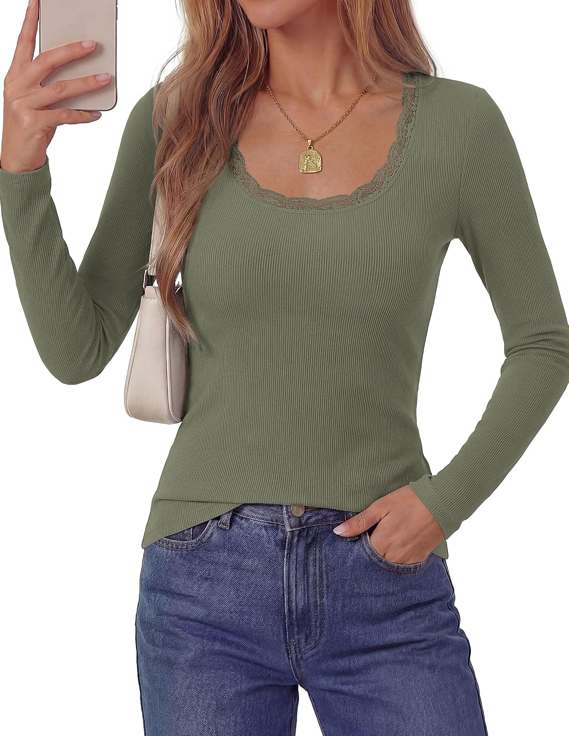 image:imagePRETTYGARDEN Long Sleeve T Shirts for Women Fall Casual Square Neck TopsArmy Green