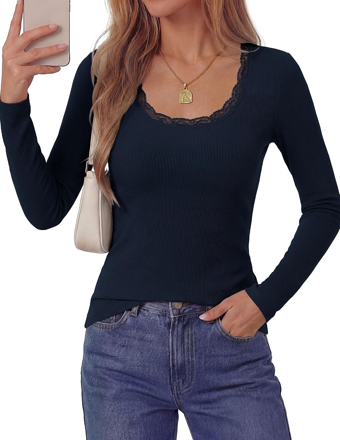 image:imagePRETTYGARDEN Long Sleeve T Shirts for Women Fall Casual Square Neck TopsNavy Blue