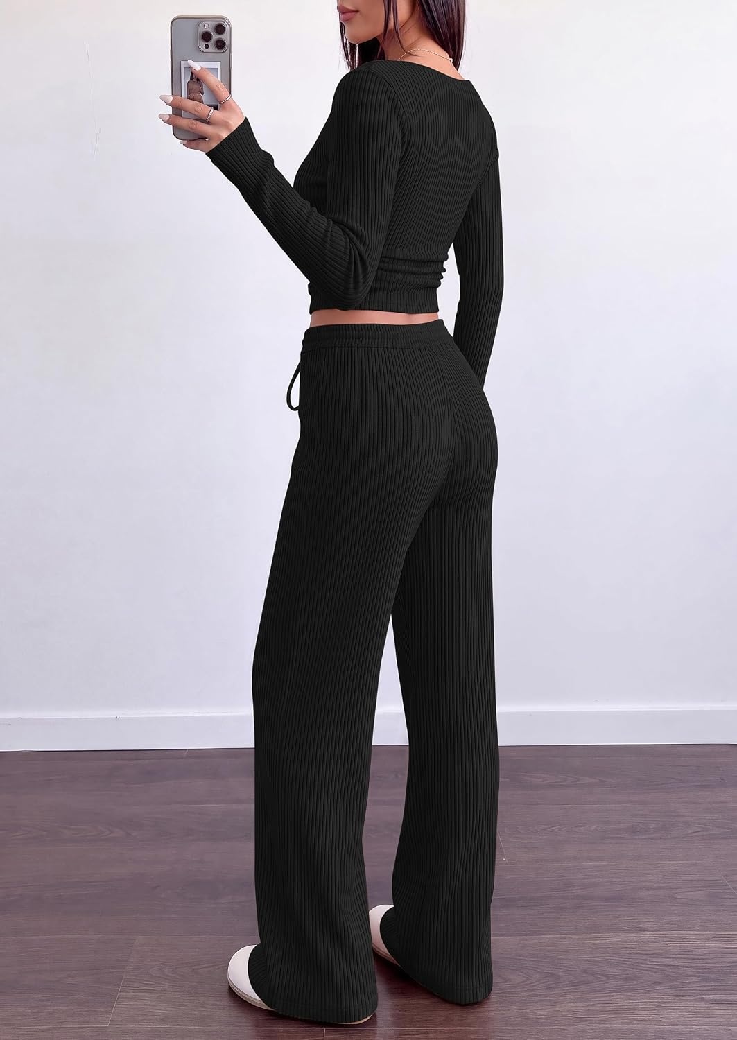 image:imagePRETTYGARDEN Matching Sets Women Clothing Fall Ribbed 2 Piece Lounge SetBlack