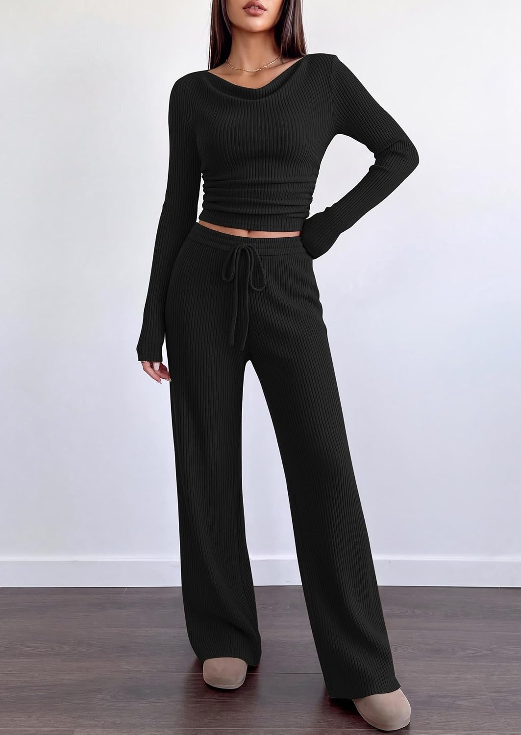 image:imagePRETTYGARDEN Matching Sets Women Clothing Fall Ribbed 2 Piece Lounge SetBlack