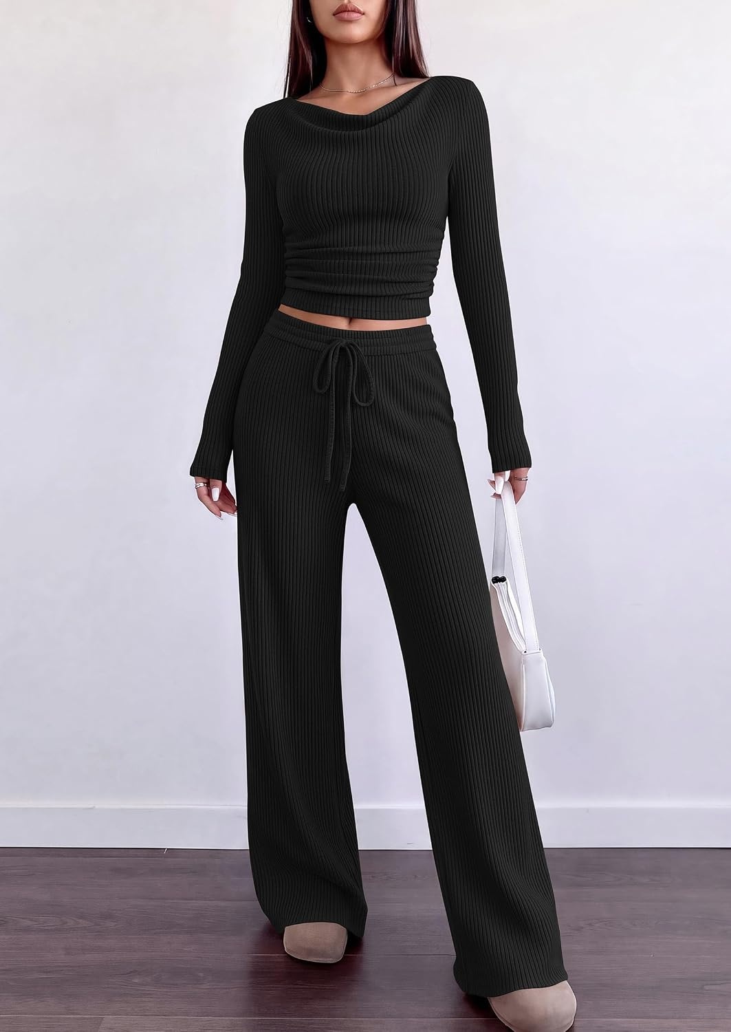 image:imagePRETTYGARDEN Matching Sets Women Clothing Fall Ribbed 2 Piece Lounge SetBlack