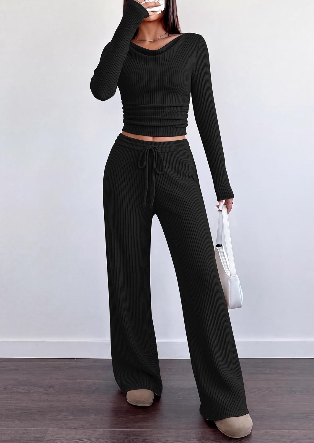 image:imagePRETTYGARDEN Matching Sets Women Clothing Fall Ribbed 2 Piece Lounge SetBlack