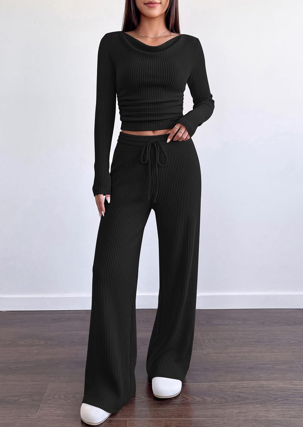 image:imagePRETTYGARDEN Matching Sets Women Clothing Fall Ribbed 2 Piece Lounge SetBlack