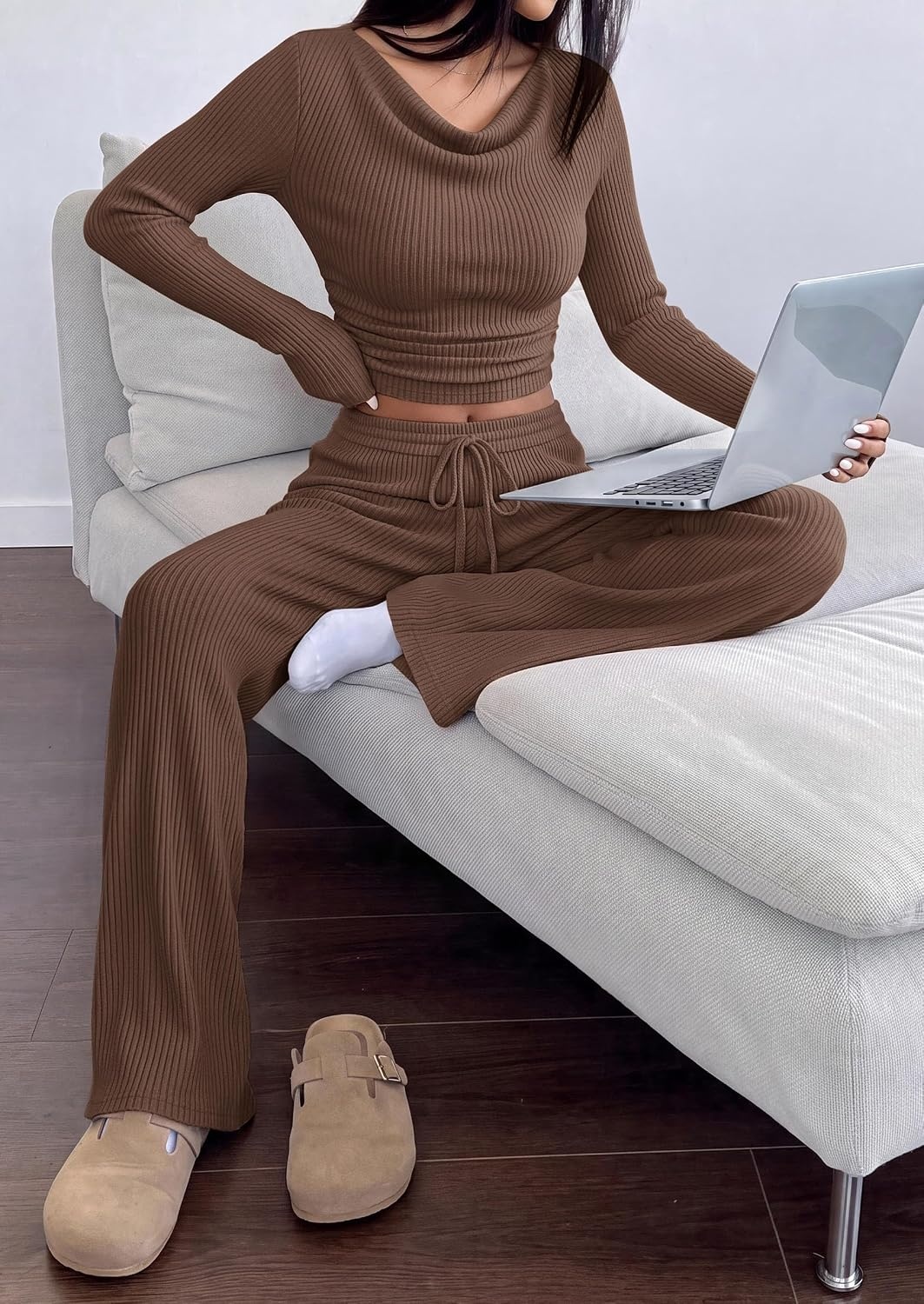 image:imagePRETTYGARDEN Matching Sets Women Clothing Fall Ribbed 2 Piece Lounge SetBrown