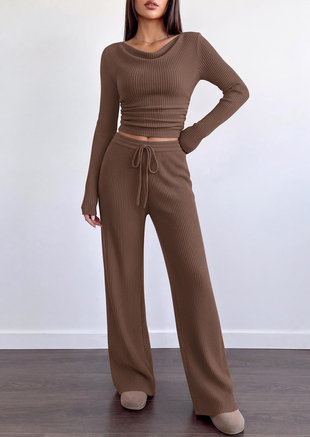 image:imagePRETTYGARDEN Matching Sets Women Clothing Fall Ribbed 2 Piece Lounge SetBrown