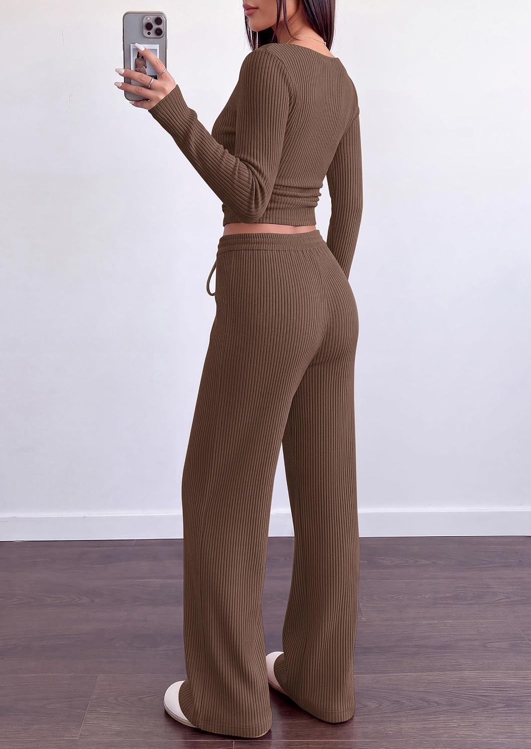 image:imagePRETTYGARDEN Matching Sets Women Clothing Fall Ribbed 2 Piece Lounge SetBrown