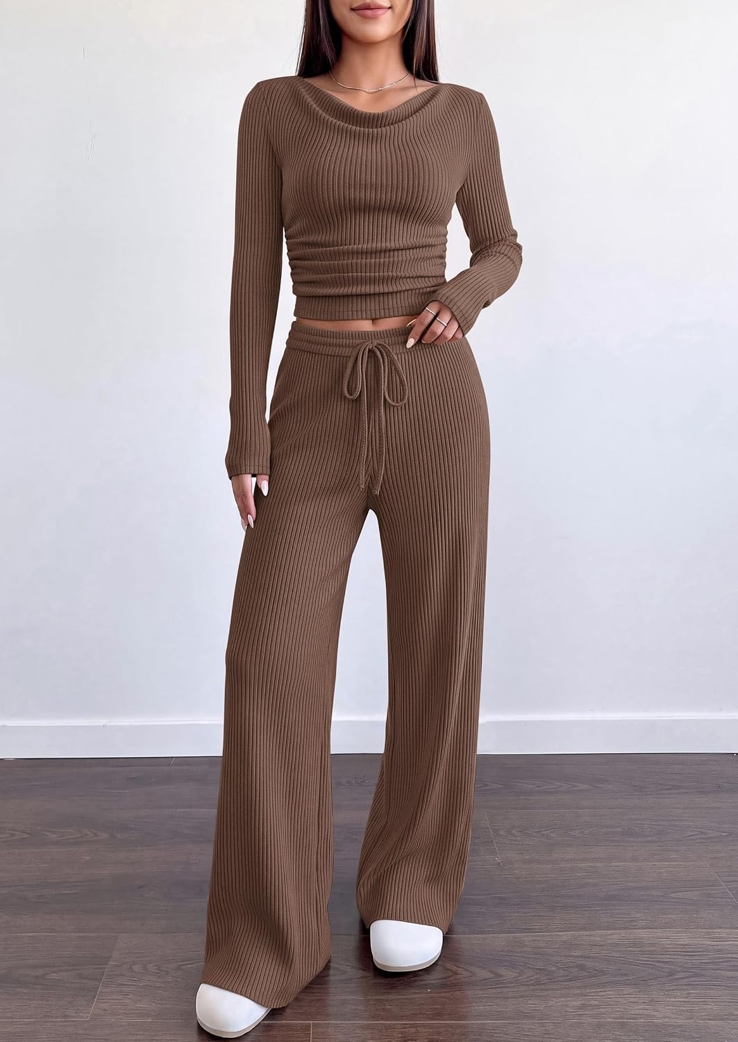image:imagePRETTYGARDEN Matching Sets Women Clothing Fall Ribbed 2 Piece Lounge SetBrown