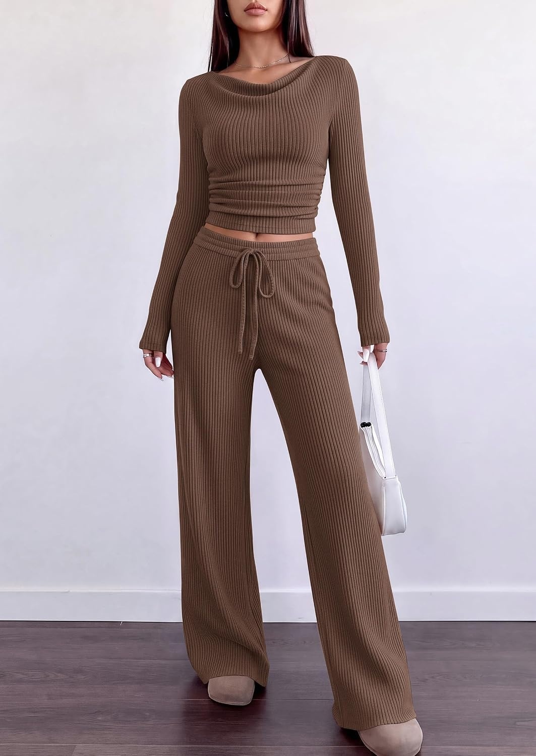 image:imagePRETTYGARDEN Matching Sets Women Clothing Fall Ribbed 2 Piece Lounge SetBrown