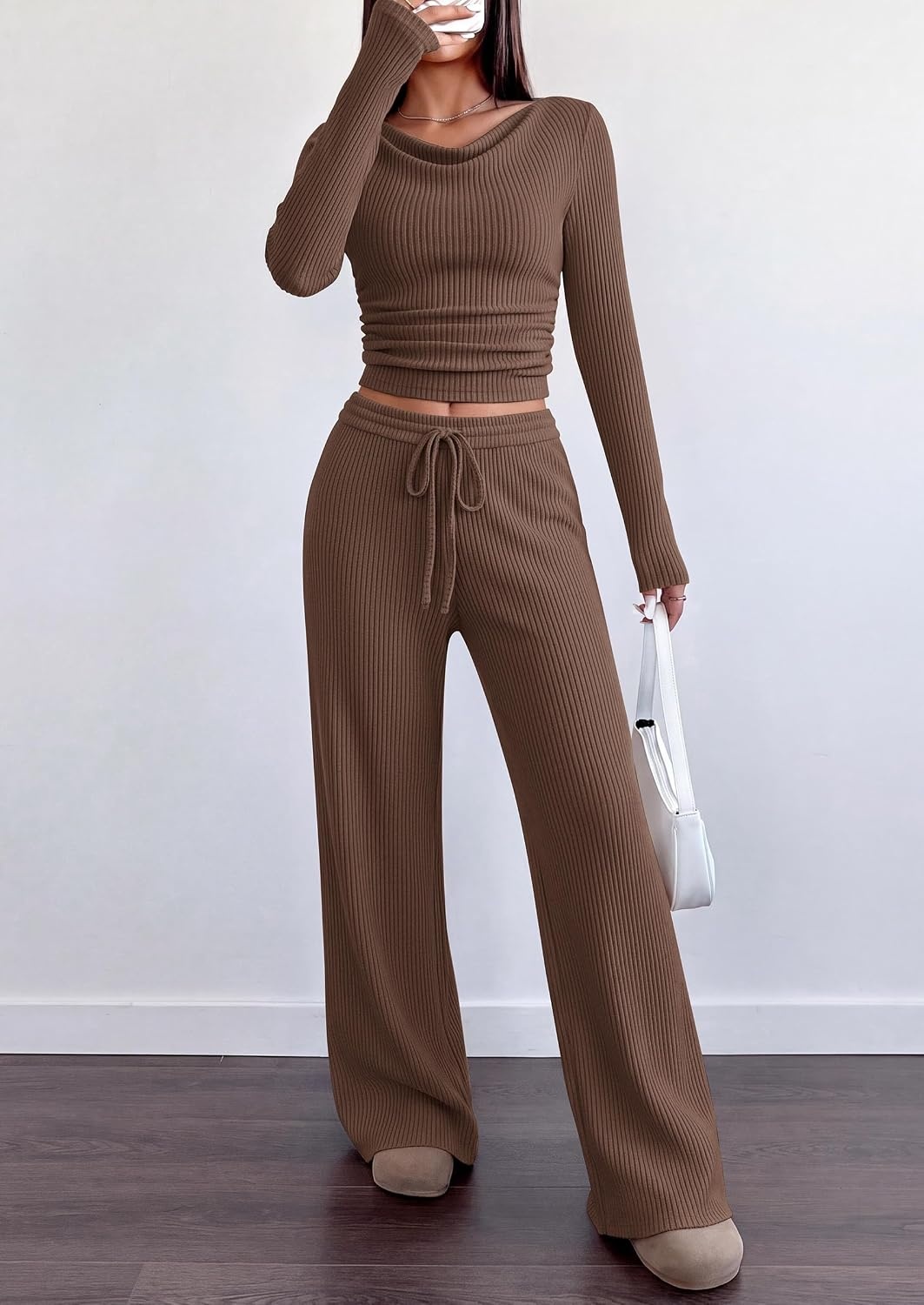 image:imagePRETTYGARDEN Matching Sets Women Clothing Fall Ribbed 2 Piece Lounge SetBrown
