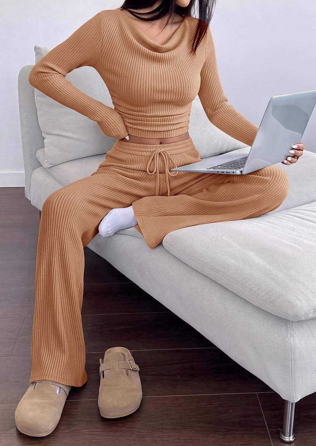 image:imagePRETTYGARDEN Matching Sets Women Clothing Fall Ribbed 2 Piece Lounge SetKhaki