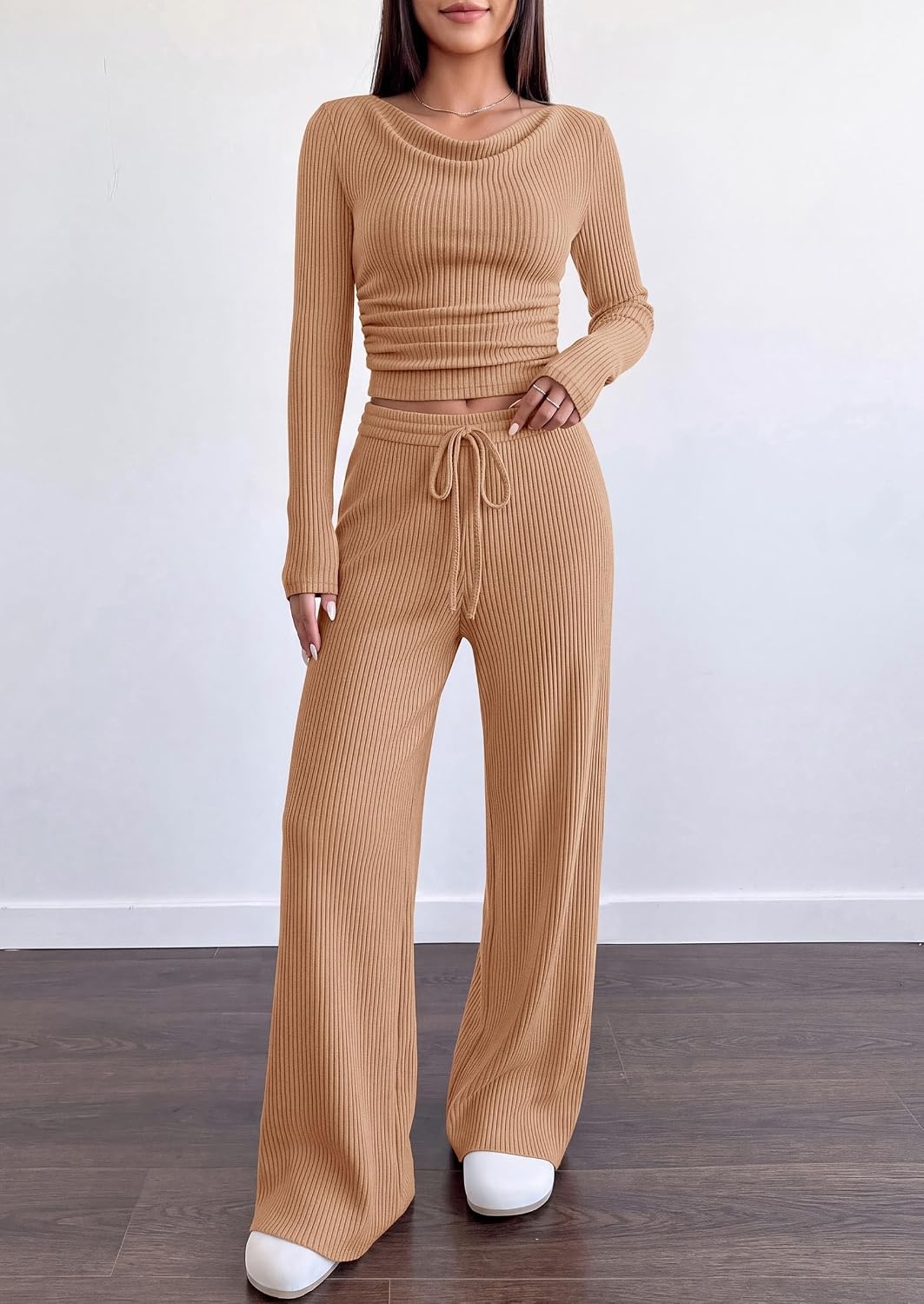 image:imagePRETTYGARDEN Matching Sets Women Clothing Fall Ribbed 2 Piece Lounge SetKhaki