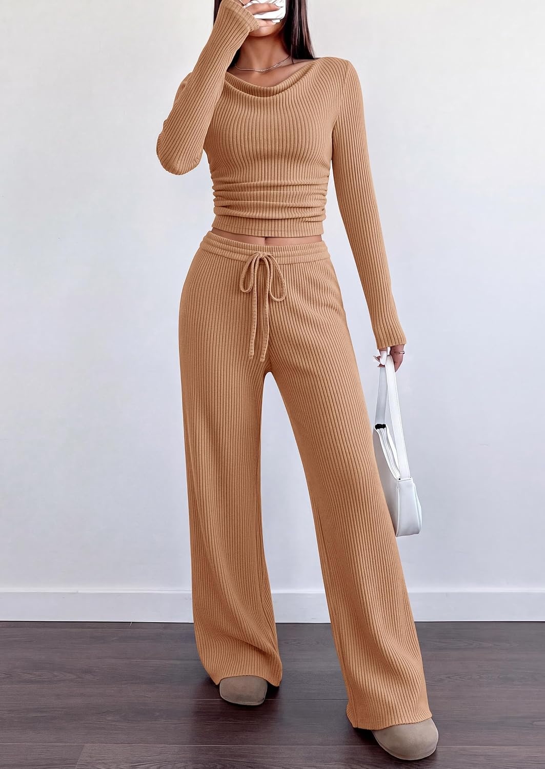 image:imagePRETTYGARDEN Matching Sets Women Clothing Fall Ribbed 2 Piece Lounge SetKhaki