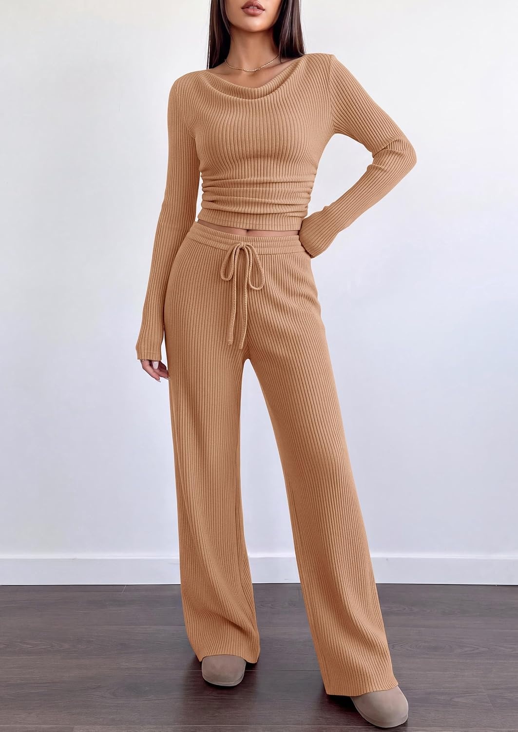 image:imagePRETTYGARDEN Matching Sets Women Clothing Fall Ribbed 2 Piece Lounge SetKhaki