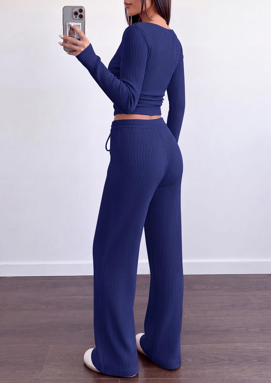 image:imagePRETTYGARDEN Matching Sets Women Clothing Fall Ribbed 2 Piece Lounge SetNavy Blue