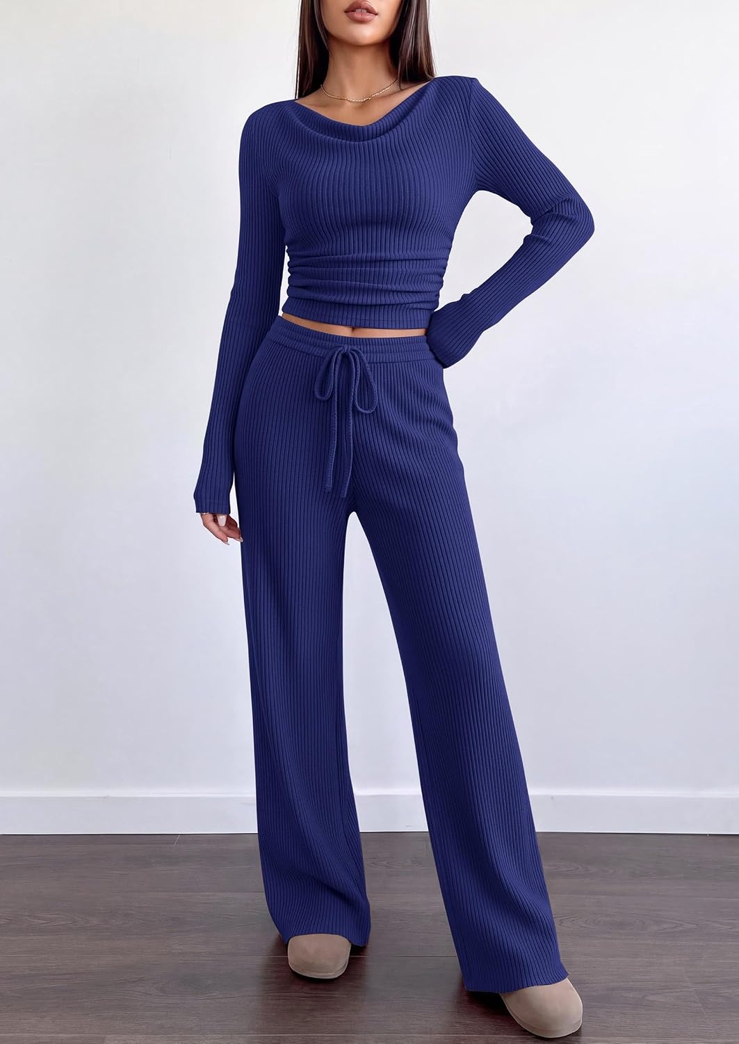 image:imagePRETTYGARDEN Matching Sets Women Clothing Fall Ribbed 2 Piece Lounge SetNavy Blue