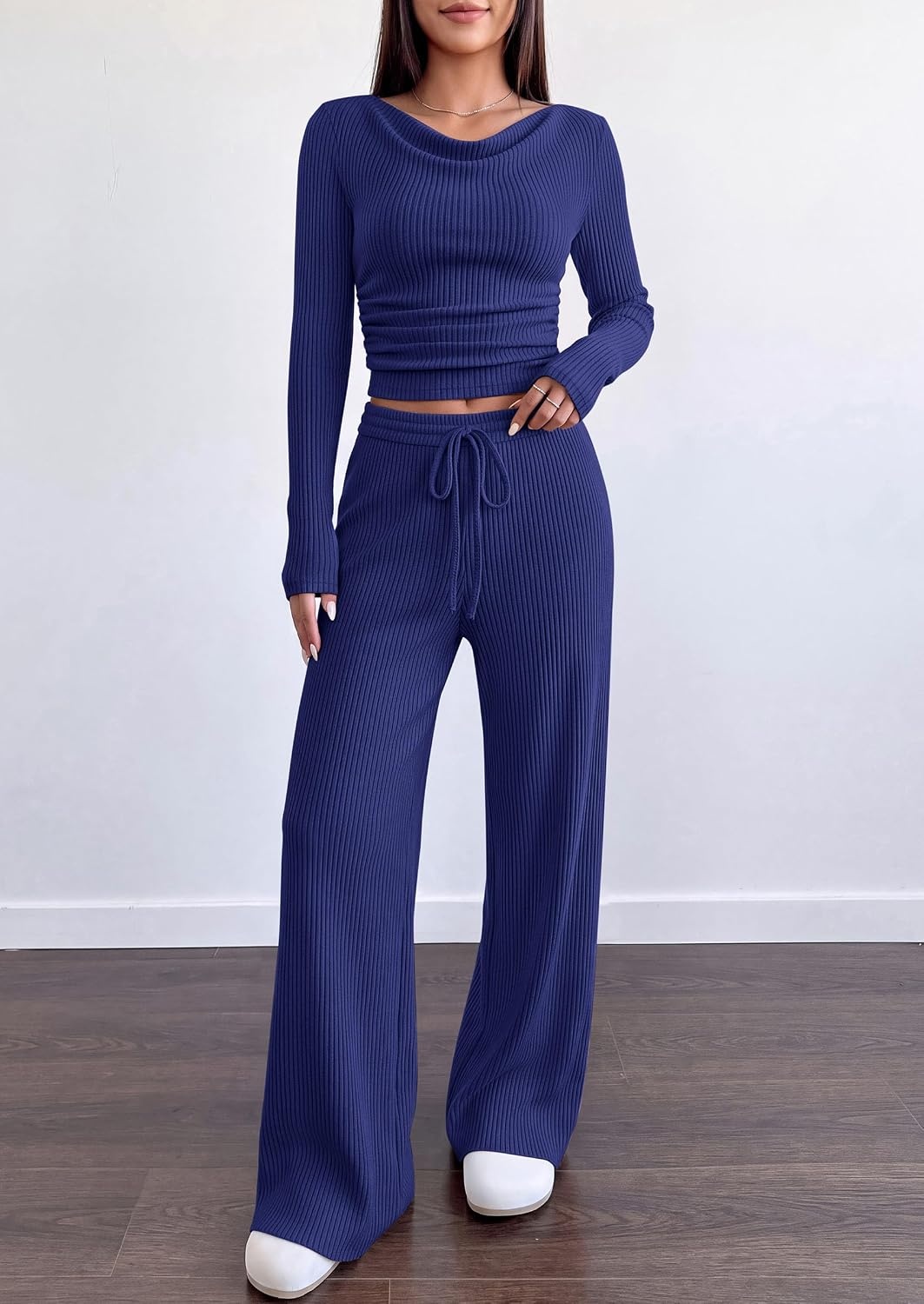 image:imagePRETTYGARDEN Matching Sets Women Clothing Fall Ribbed 2 Piece Lounge SetNavy Blue
